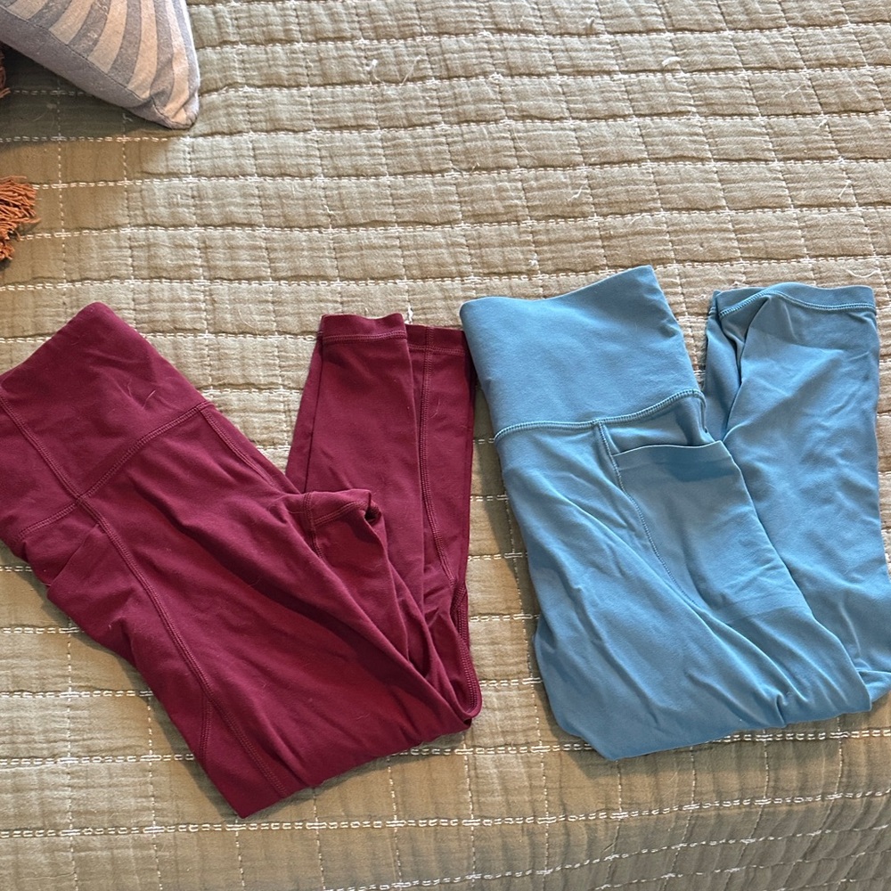 Athleta Leggings Duo in Burgundy and Light Blue Cropped